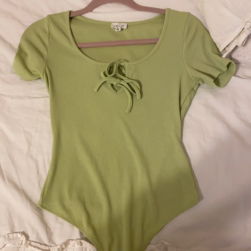 green bodysuit with tie bow detail